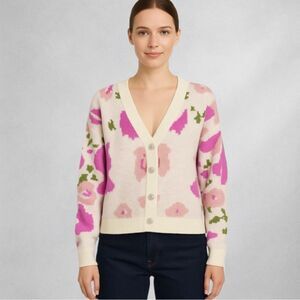 143 Story by Line Up Floral Knit Cardigan Sweater Small Pink Green Ivory NWT